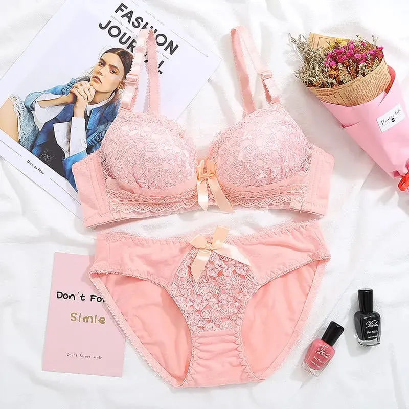 Wire‑Free Soft Push‑Up Brassiere Bra Panty Set Women Lace Lingerie Set Bow Decor Comfortable Daily Wear Intimate Underwear