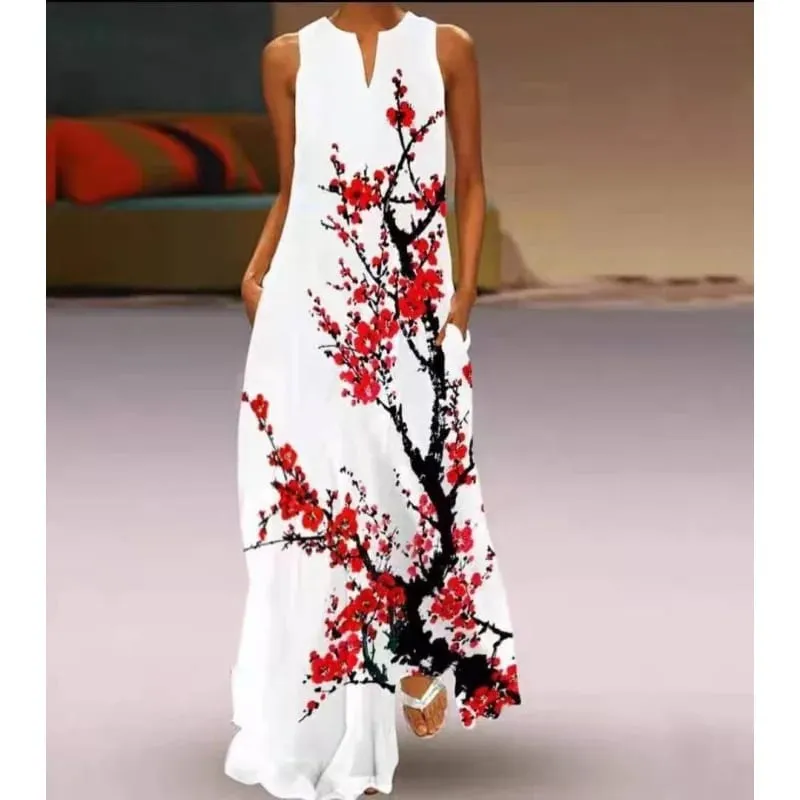 Women Dresses 2026 New summer wear sleeveless long dress V-neck printed emerald flower dress women's clothing vestidoes