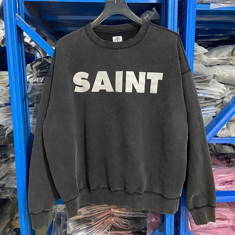 Autumn Winter Classic Overlapping Logo Print Saint Sweatshirts Men Women Couple Colorful Letters Graffiti Washed Black Pullovers