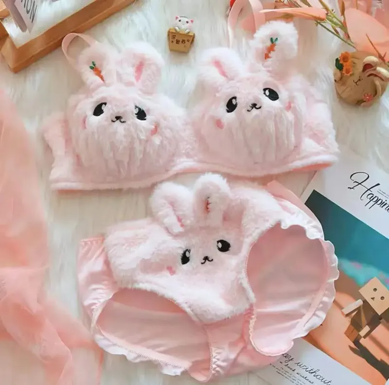 Cute Cat Paw Plush Lingerie Set for Women Warm Winter Bra & Panty with Ears Comfortable Kawaii Underwear