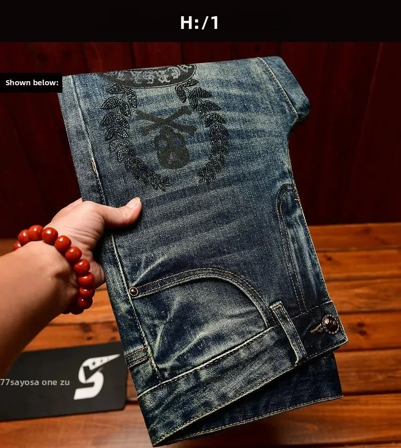 High end jeans men with ripped holes street fashion prints small feet elastic retro and handsome pants