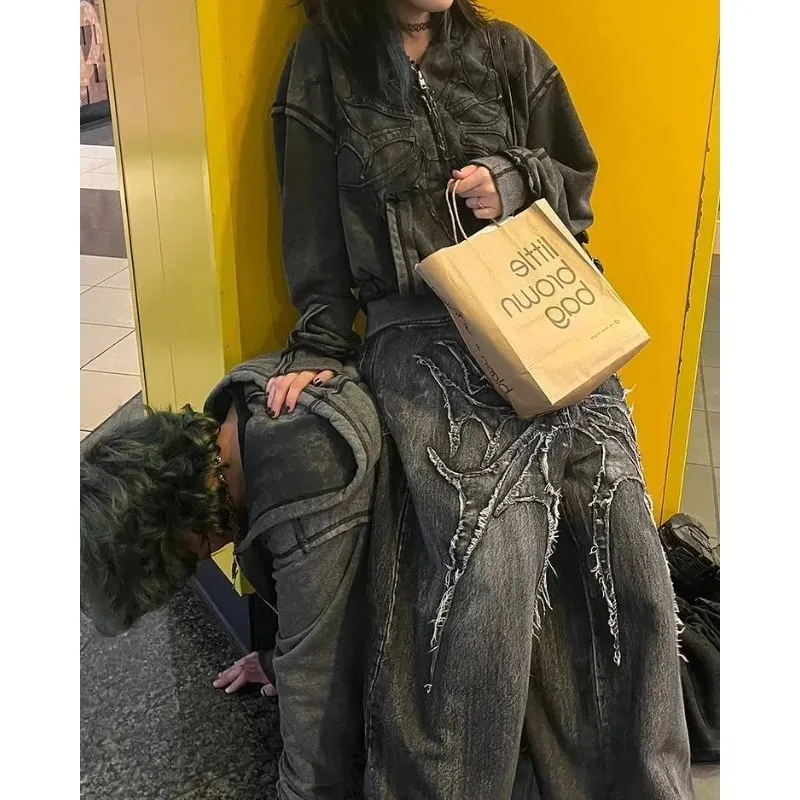 Men Y2K Gothic Spider Baggy Jeans Distressed Washed Raw Edge Wide Leg Denim Pants Hip Hop Streetwear Ghost Loose Trousers