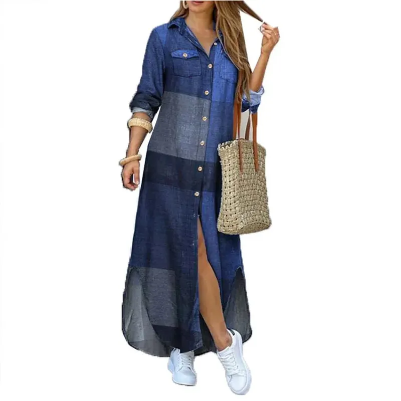 Women Dresses Fashion Sexy Single-breasted Dress Loose Lapel Casual Women's Clothing Literary Printing Long Shirt Skirt