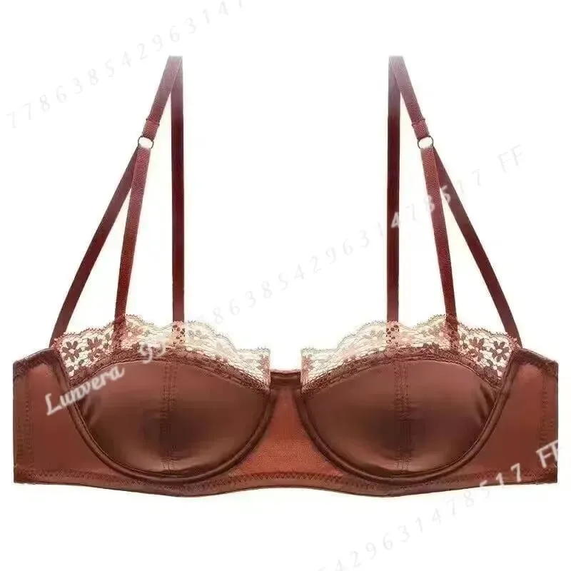 Sexy Satin Half Cup Bra Set with Steel Ring Thin Comfortable Upper Support Green Lace Edge Glossy Lingerie for Women