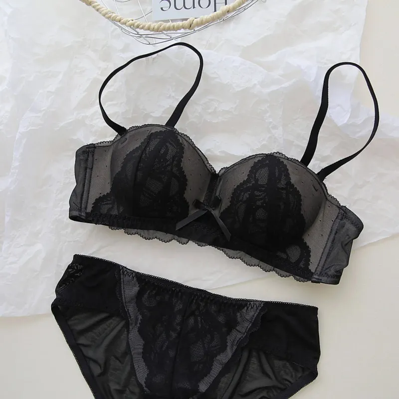 Conjunto de Bralette de encaje de copa Demi francesa Sexy, sujetador de realce inalámbrico para mujer, sin aros, cómodo, sin relleno, Sexy, dulce sujetador para adolescentes AB
