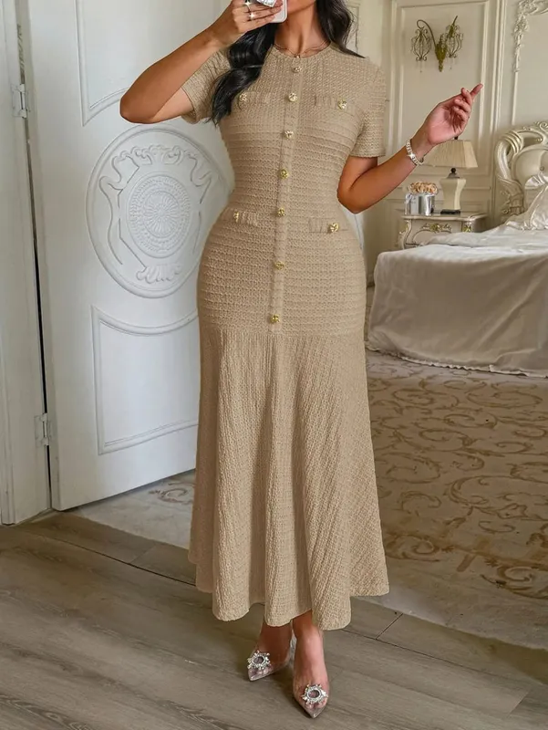 Women's Solid Color Midi Dress Short Sleeve Gold Button Decorated Fitted Flared Hem Gown Elegant Retro Outfit Dating & Parties