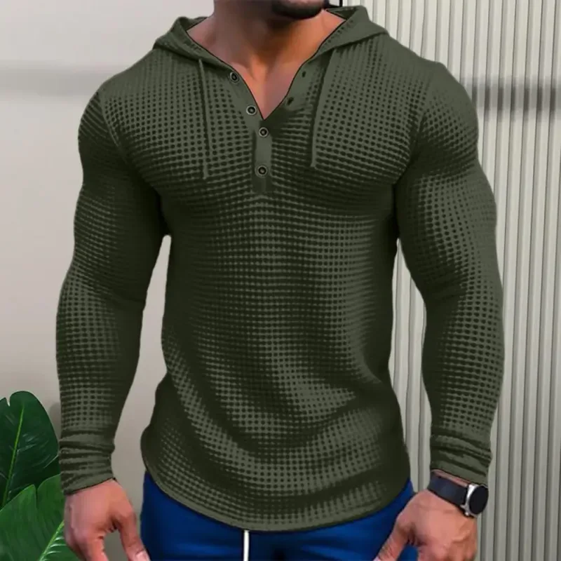 ฤดูใบไม้ผลิสีทึบสลิมฟิตเสื้อยืดแขนยาวผู้ชายคลุมด้วยผ้าระบายอากาศกีฬาด้านบนวาฟเฟิลผ้าฝ้ายเสื้อเชิ้ตแขนยาวลำลอง