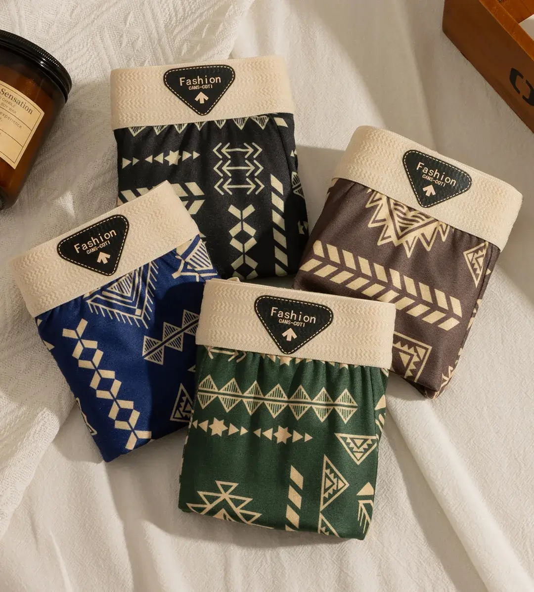 Erkek Boxer Retro Etnik Tarzı Rahat Pürüzsüz Kumaş Külot Vintage Baskı Elastik Iç Çamaşırı Erkek Iç Çamaşırı Düz ​​Külot