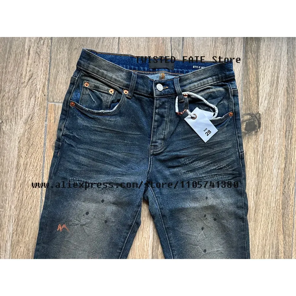 Men's American High Street Distressed Dirty Washed Indigo Spray Painted Stretch Skinny & Slim Fit Graffiti Streetwear Jeans