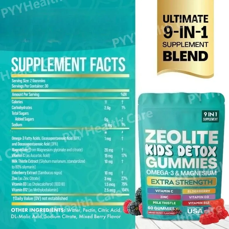Zeolite Gummies 9-in-1 with Zeolite Omega-3 Magnesium Elderberry Vitamin C Milk Thistle Vitamin D3 Zinc B12 60 Gummies