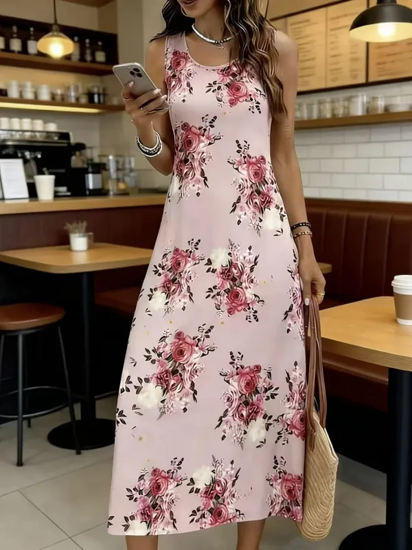 2026 New Women's Dress Fashion Floral Print New Sleeveless Design Dresses Summer Outdoor Beach Vacation Ankle Long Women's Dress