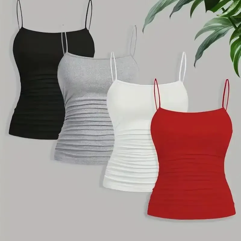 Women Elegant Thin Strap Ruched Cami Top Slim Fit Sleeveless Camisole Soft Stretch Basic Tank Vest Summer Fashion Underwear Blac