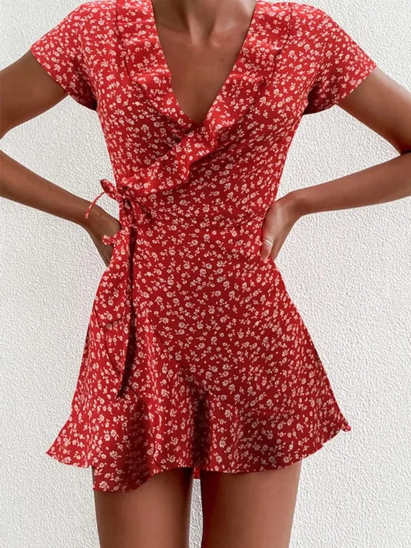 Sommar Dam Floal A-Line Klänning Söt Elegant Blommig Volanger V-ringad Bandage Kort Klänning för Lady Chic Flowers Miniklänning