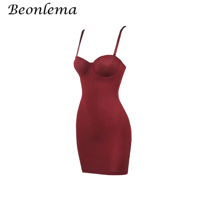 Kort Bodycon Klänning Rygglösa Skinny Straps Solid Casual Sexig Ärmlös Sommar High Waist Club Smala Miniklänningar Dam Basic