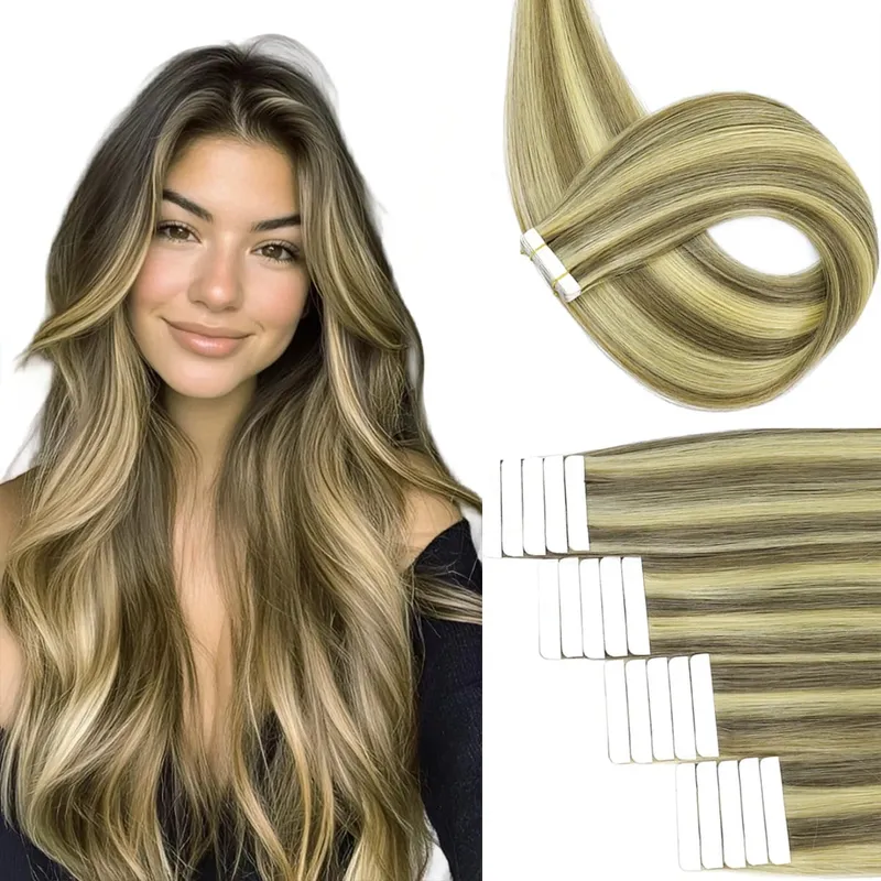 Tape in Hair Extensions Human Hair Highlight Color 18 Ash Blonde and 613 Light Blonde Hair Extensions Tape Ins 20pcs 50g