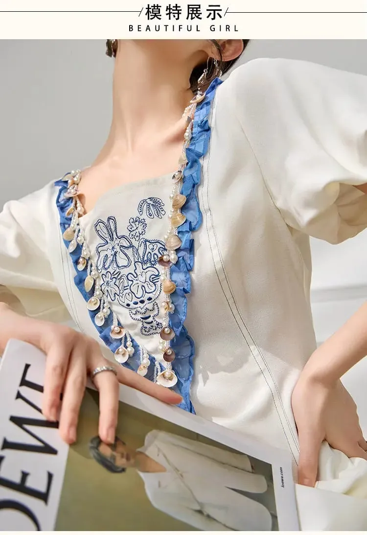 2026 Fashion Vintage Mesh Spliced French Waist Dress Summer New Square Neck Ruffle White Long Dress For Women，Wholesale Support