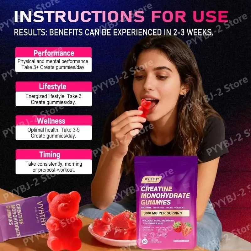 Creatine Monohydrate Gummies with Collagen BCAA and Vitamins Fitness Supplement Strawberry Flavor Daily Workout Support Sugar
