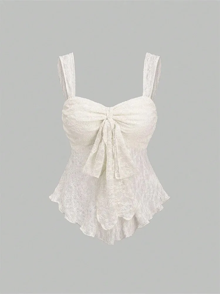 2026 Summer Women Y2K Coquette Floral Lace Knotted Bow Slim Fit Irregular Ruffled Hem Sweetheart Neck Wide Strap Cami Tank Top