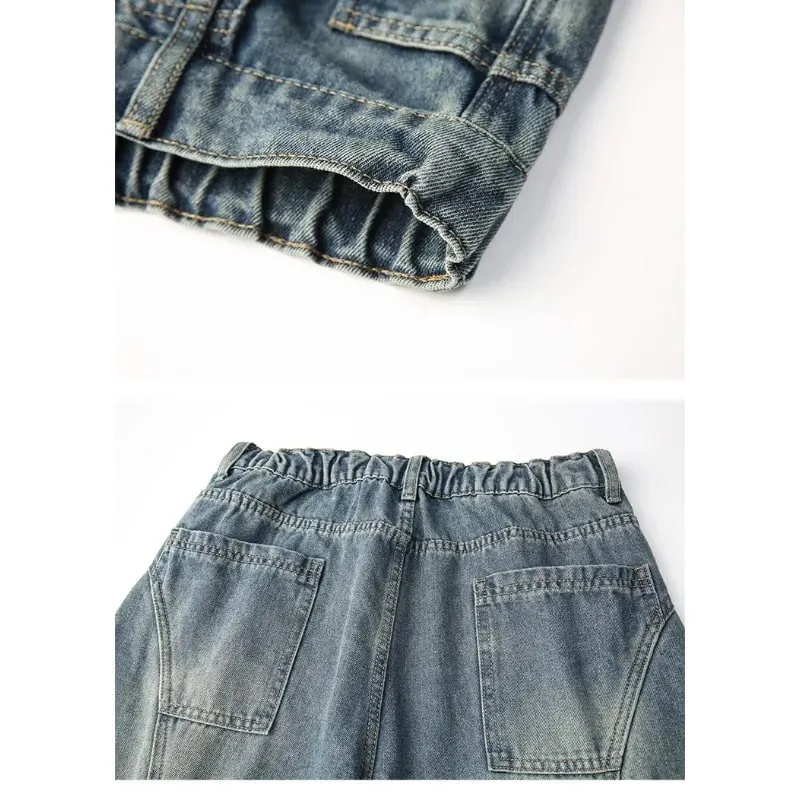 Men 2026 American Style Wide Leg Scimitar Jeans Contrast Stitch Spliced Pleated Design Loose Casual Long Denim Pants For Male