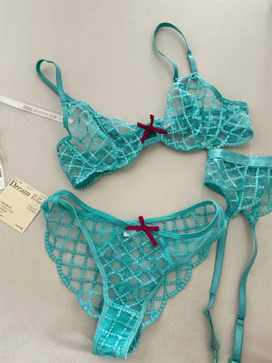 인어 블루 3피스 란제리 세트 얇은 큰 유방 속옷 섹시한 레이스 브라 통기성 로맨틱 브라 속옷 정장