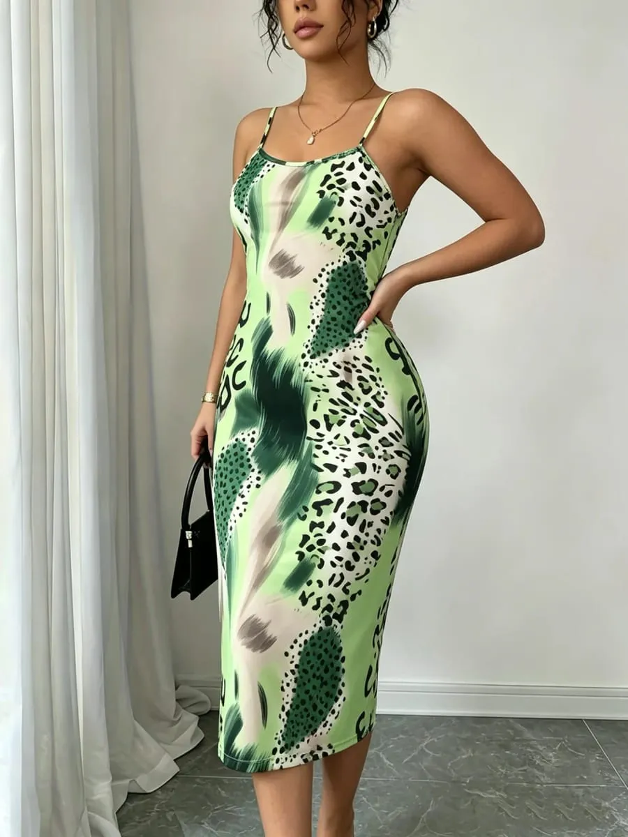 Women Spaghetti Strap Midi Dress Green Leopard Print Bodycon Casual Dress Summer Sexy Party Cocktail Clubwear Date Dress