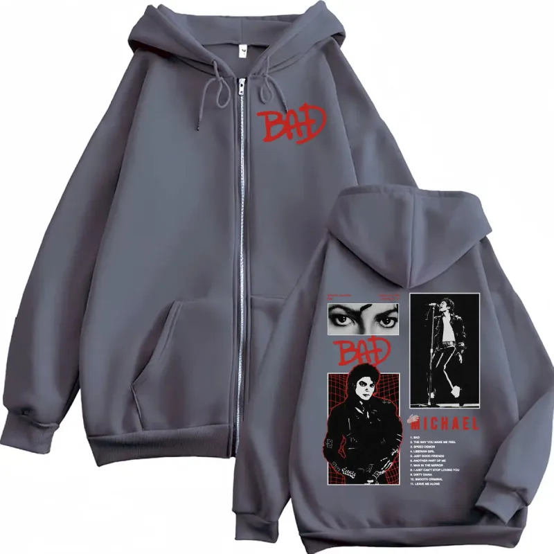 King of Pop Michael Jackson Bad Era Tour Zip Up Hoodies Men Women Fashion Harajuku Jacket Sweatshirts Casual Fleece Zipper Coats