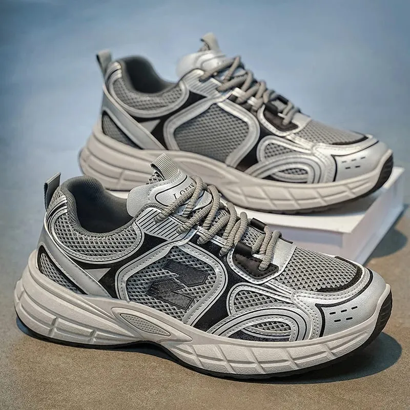 Men Breathable Mesh Dad Shoes Lightweight Casual Sneakers White Gray Daily Street Walking Footwear