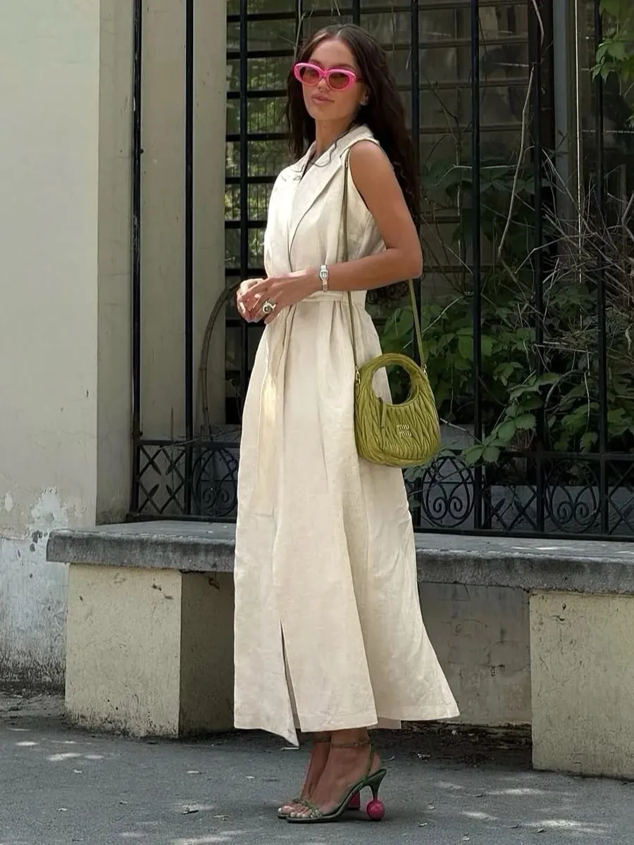 Bornladies 2026 Spring Summer New Women's Sleeveless Shirt Dress Elegant Casual Collared Tie-Waist Fitted Maxi Dress