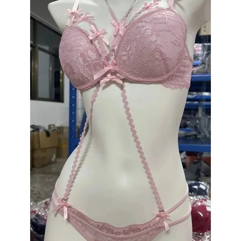 Boho Layered Lace Halter Bra Set - Hollow Out Bow Design Top Inner Red Lace Up Bra Summer Beach Two Piece Lingerie Set MOYISU