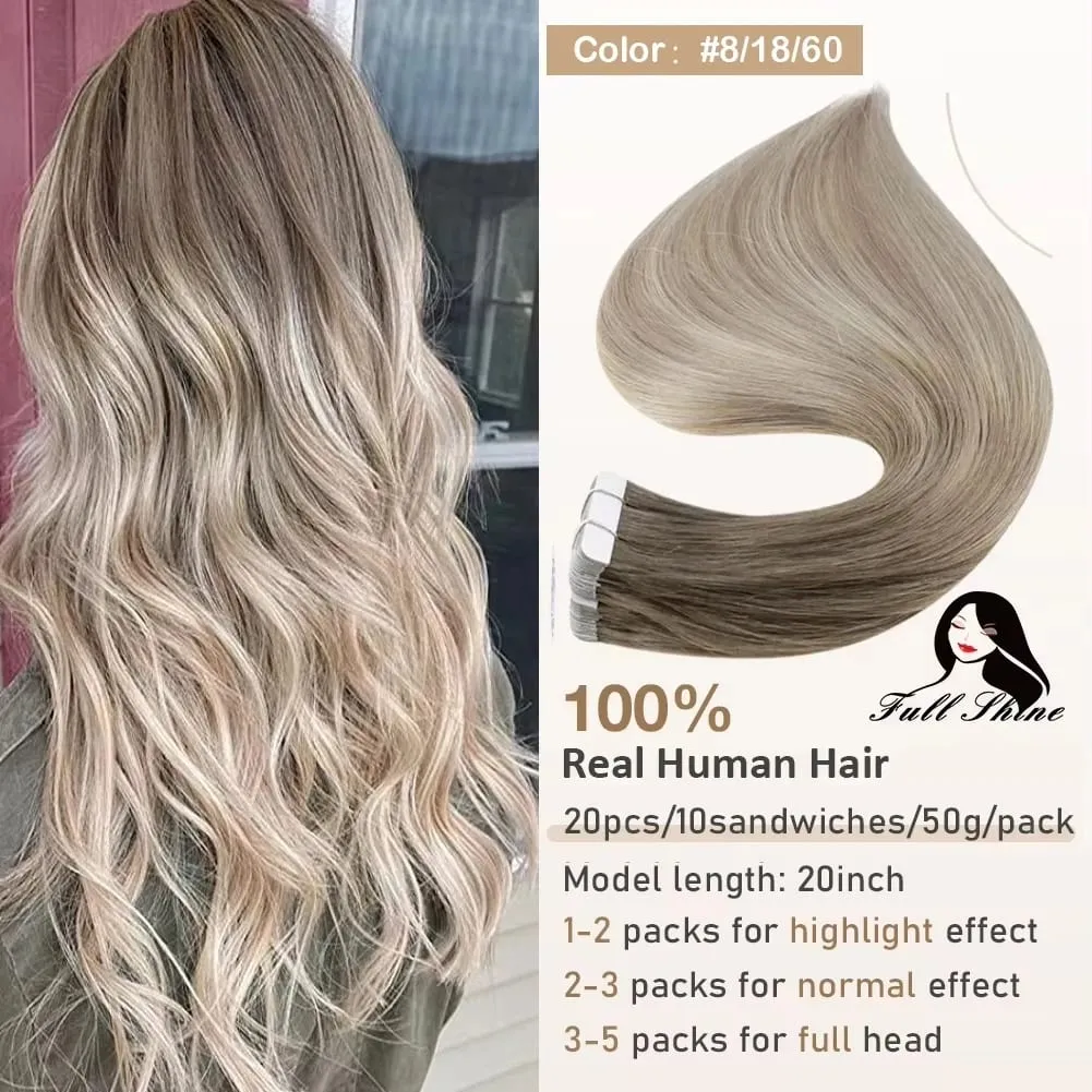 Full Shine Tape in Hair Extensions 20Pcs Skin Weft Remy Straight Hair Glue on Brazilian Hair for Women