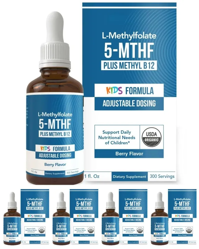 Kids L-Methylfolate 5-MTHF Liquid Drops with Methyl B12 Active Folate Support 1 Fl Oz USDA Organic Vegan Non-GMO