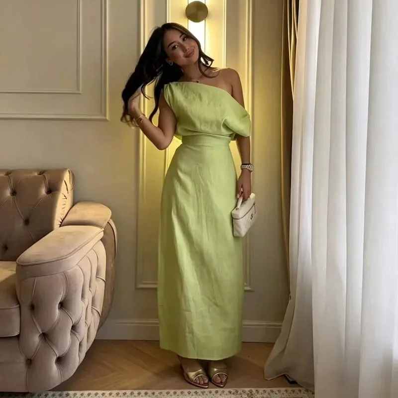 Elegant One Shoulder Asymmetric Pleated Long Dress Chic Solid Color Slanted Collar Slim Cinched Slit Cotton Linen Blend Dresses