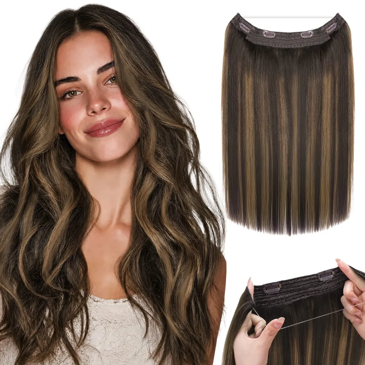 Sunmofavo Invisible Wire Halo Hair Extensions 100% Remy Human Hair Fish Line with 4 Anti-slip Secure Clips Golden Blonde Highlights Seamless Hairpiece for Women Daily Party Occasion Wear Instant Volume