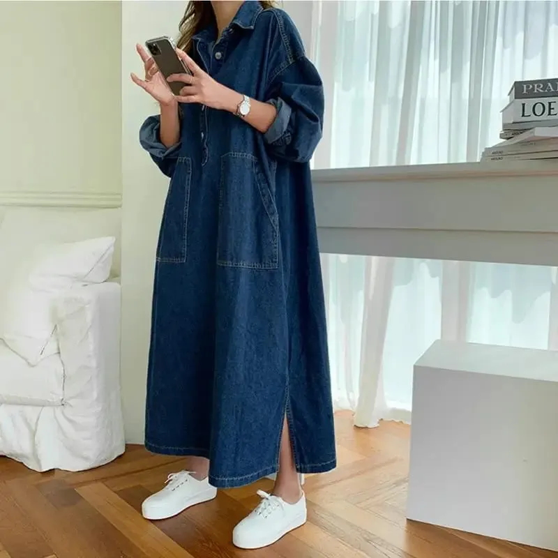 Hosszú ruha Női farmer ruhák lehajtható gallér Egy vonal Vestidos Maxi Mom Farmer Utcai ruházat Alkalmi laza Y2k Nyár 2025 Party