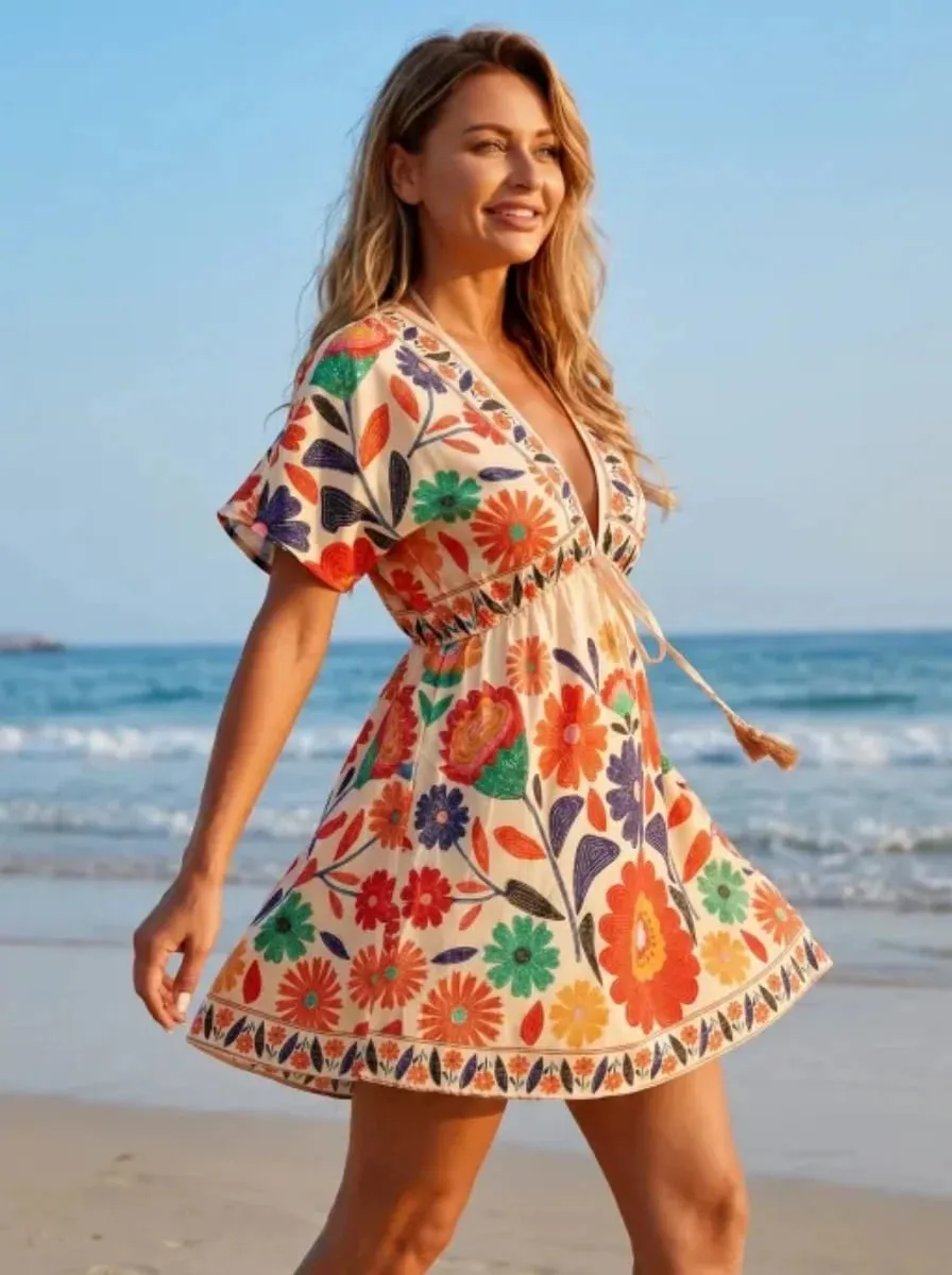 Bohemian Floral Beach Cover-Up Dress V-Neck Short Sleeve Mini Skirt Perfect for Your Next Vacation