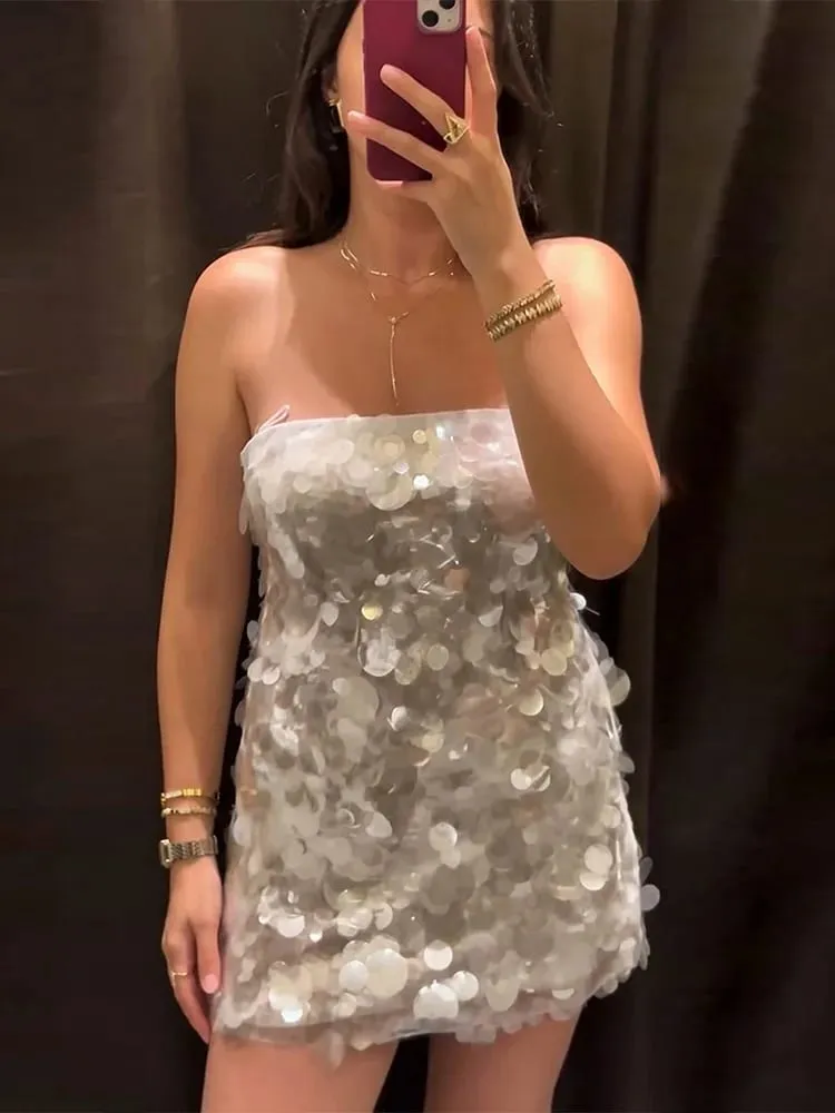Chic Sequined Women's Dress Sleeveless Tube Top Slim Mini Dresses 2026 Summer Autumn Fashion Female Vacation Holiday Robe