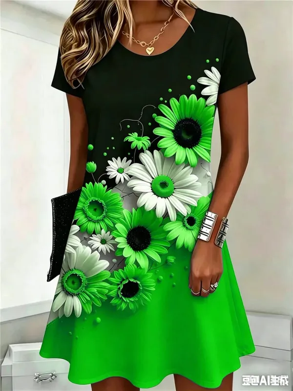 Fashion Street Floral Pattern Women Mini Dresses Summer Short Sleeve 3D Flower Printed Ladies Dress O-Neck Loose Casaul Dress