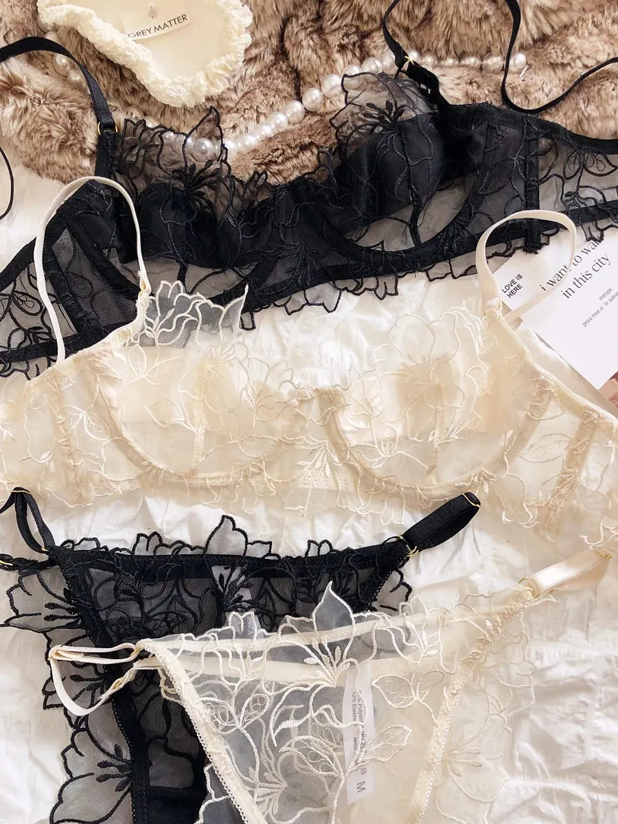 フランスの下着セットセクシーなレースの花の刺繍ブラセット女性下着夏超薄型通気性 Bralette ランジェリーパンティー