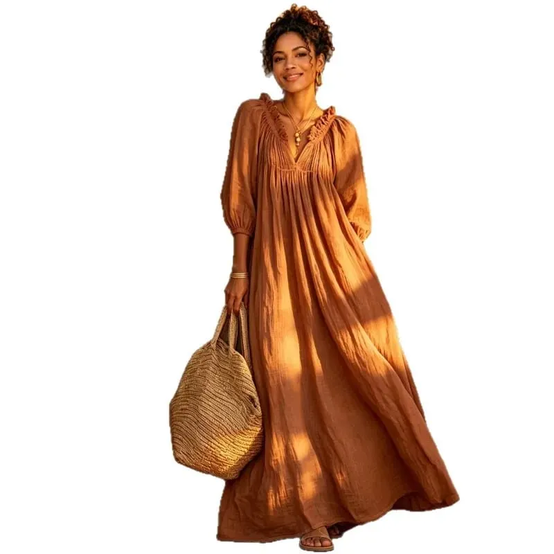 Women Boho Dresses V Neck Lantern Sleeve Maxi Dress Vacation Loose Beach Cover Up Dress Spring Summer Overall Jumpsuit Playsuit