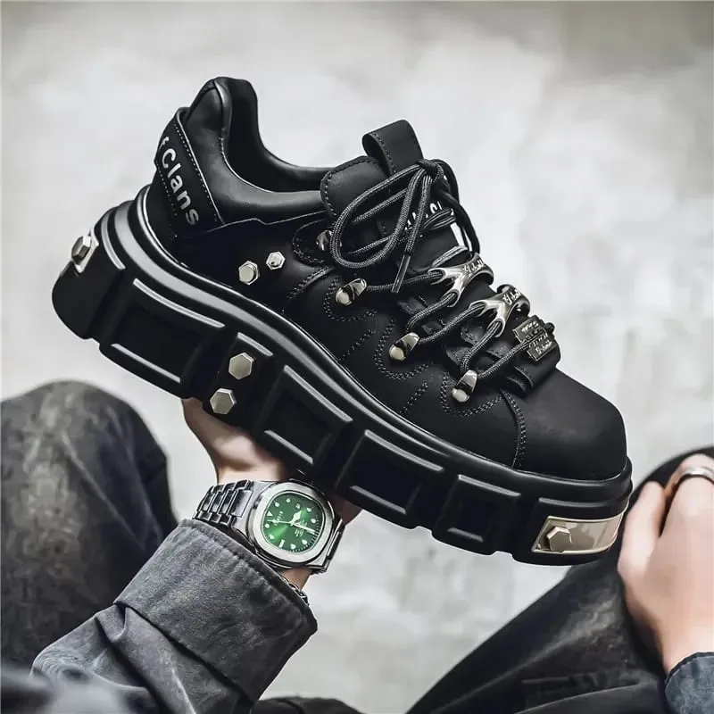 Shoes for Men Metal Punk Platform Sneakers Fashion Designer Brand Thick Soled Board Shoes Clunky Leather Shoes Zapatos De Hombre