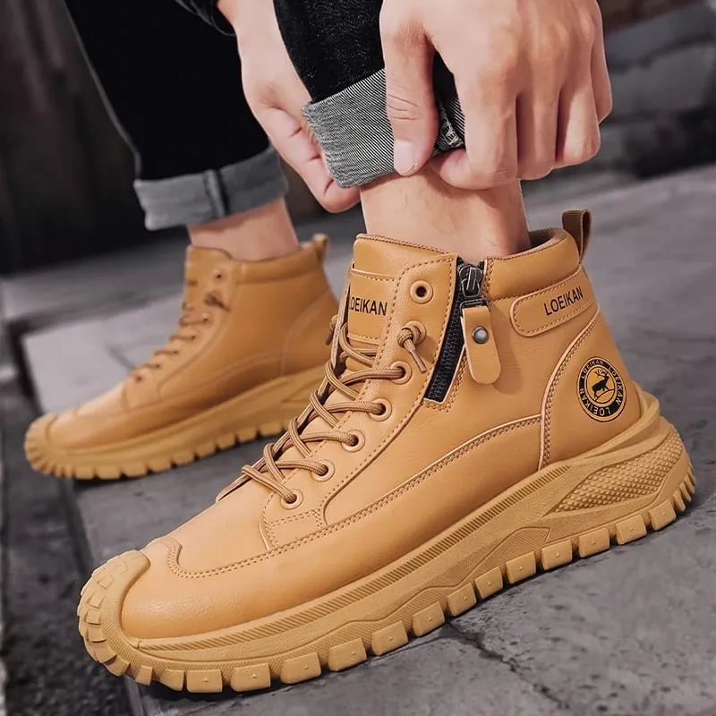 Men High Top Casual Sneakers Side Zipper Lace‑Up Thick Non‑Slip Sole Durable Footwear For Daily Walking Commuting Street Wear