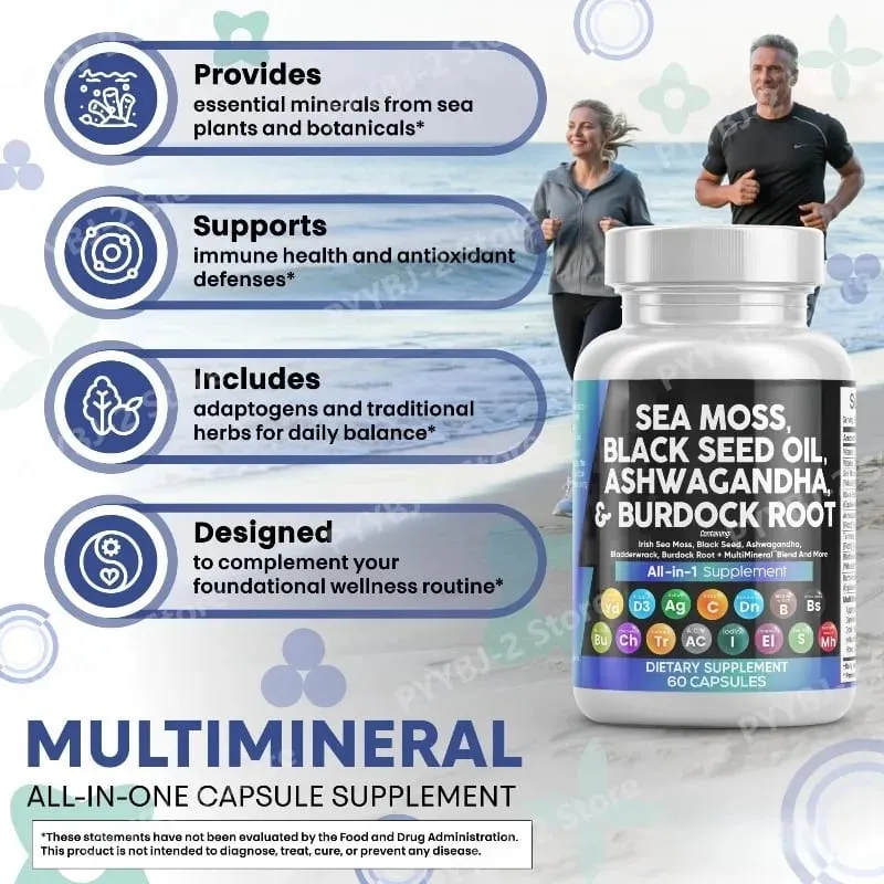 Sea Moss Kapsler indeholder sort frø gurkemeje og D-vitamin plantebaseret dagligt mineral alt i ét tilskud 60 antal pr. flaske