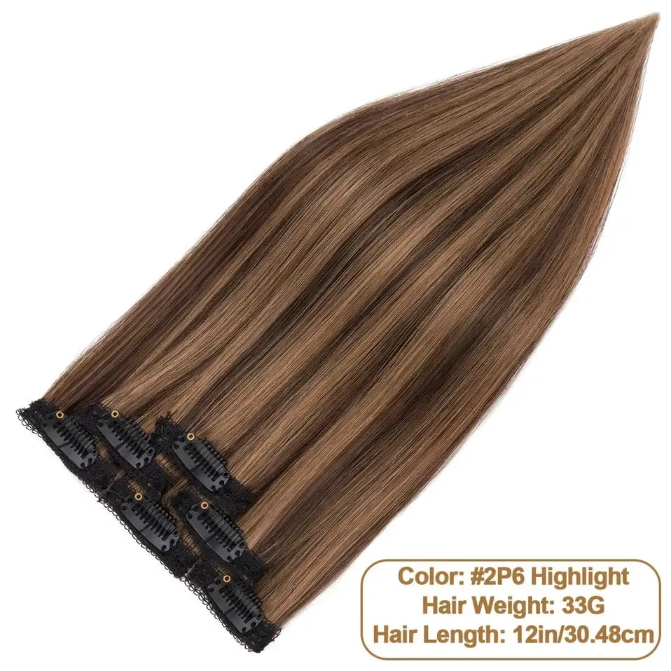 S-noilite 6 PCS Remy Clip In Human Hair Extensions Single Clip Ins Thick Hair Extensions Highlight Seamless Hairpieces for Women