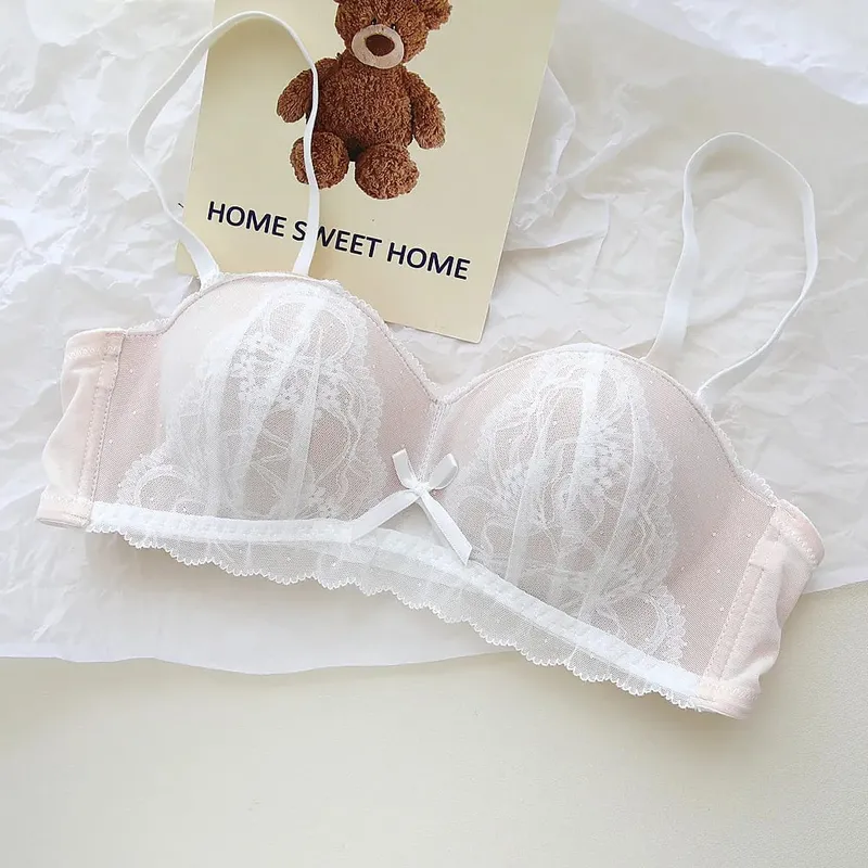 Conjunto de Bralette de encaje de copa Demi francesa Sexy, sujetador de realce inalámbrico para mujer, sin aros, cómodo, sin relleno, Sexy, dulce sujetador para adolescentes AB