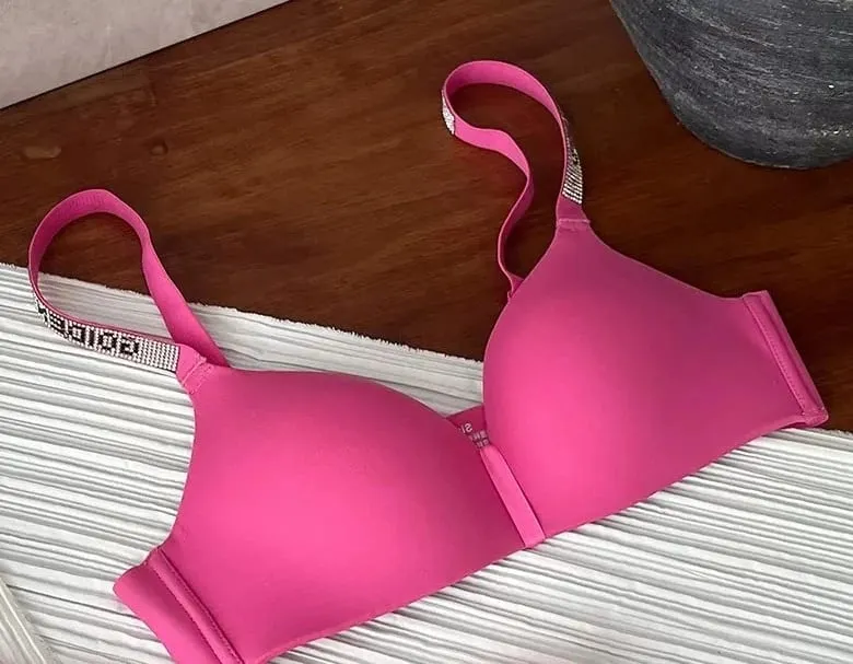 セクシーな Fashion Women Triangle Cup Bralette 32‑38 Thin Seamless Push Up Anti Sag Rhinestone Letter Strap Beautiful Back Lingerie