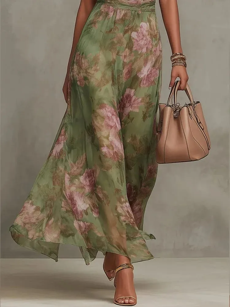 Fashion Sleeveless High Neck Ruched Waist Chiffon Flowy Evening Party Dress 2026 New Women Floral Print Halter Maxi Dress