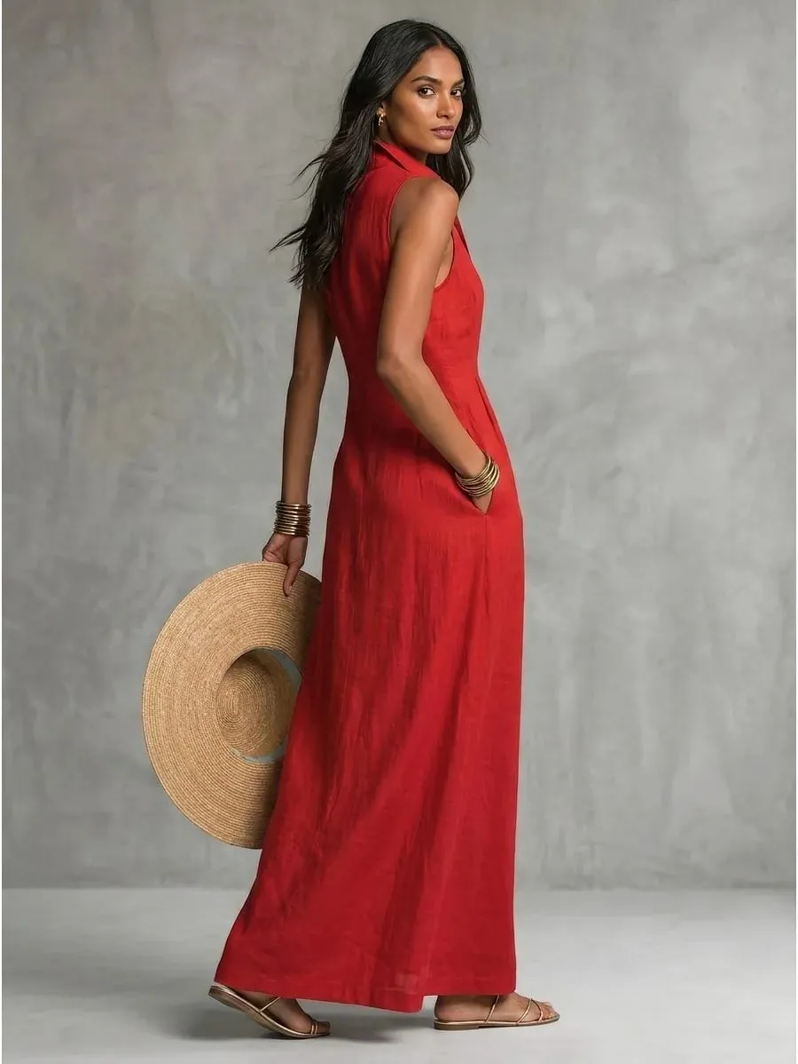 Freeacy Women Sleeveless Shirt Collar Maxi Dress 2026 Summer Solid Red Button Front Slim Fit Cotton Blended Vacation Dresses