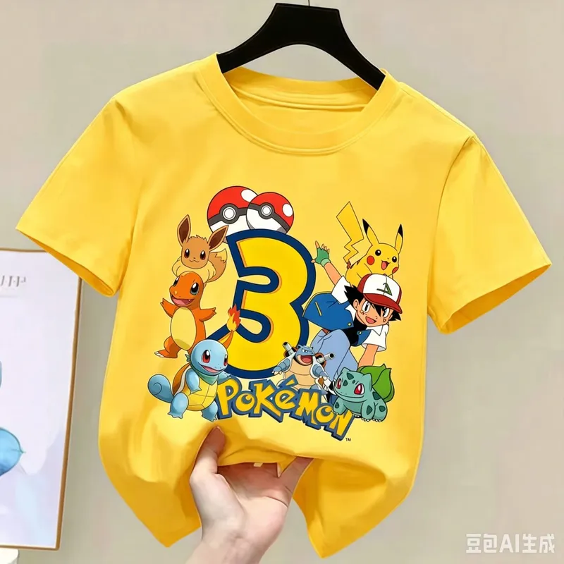 2026 Pikachu Kids Children T Shirts Birthday Number 1-9 Printed T Shirt Boys Girls Summer Short Sleeves Tops Children Clothing
