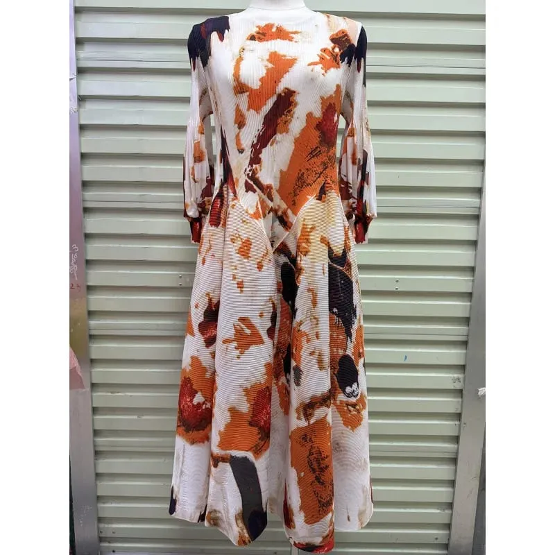 Miyake Plissee Kleider 2026 Herbst Neue Sanfte Französisch Druck Elegante Stretch Plus Größe frauen Langarm Bounce Blume Knospe kleid
