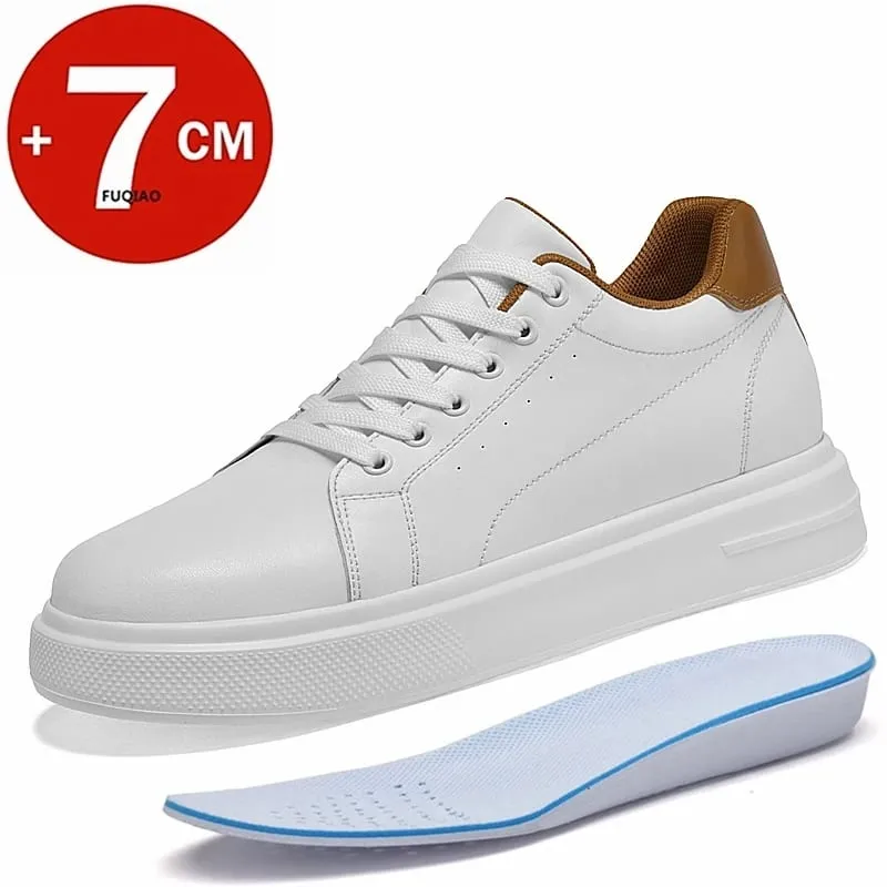 Fashion PU Leather Elevator Shoes for Men 7CM Invisible Height Increase White Sneakers for Women Heightening Casual Sprots Shoes